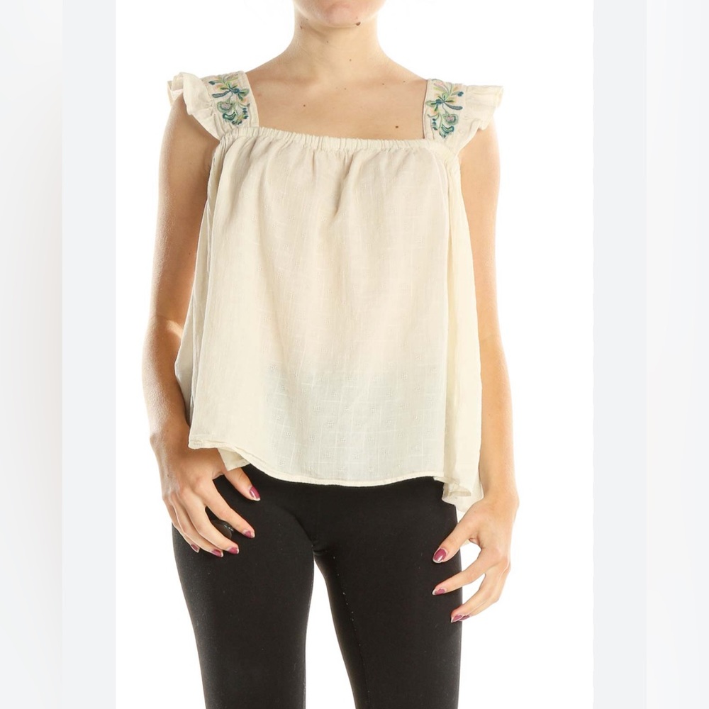 Madewell Cream Sleeveless Square-Neck Tank with Embroidered Ruffle Straps